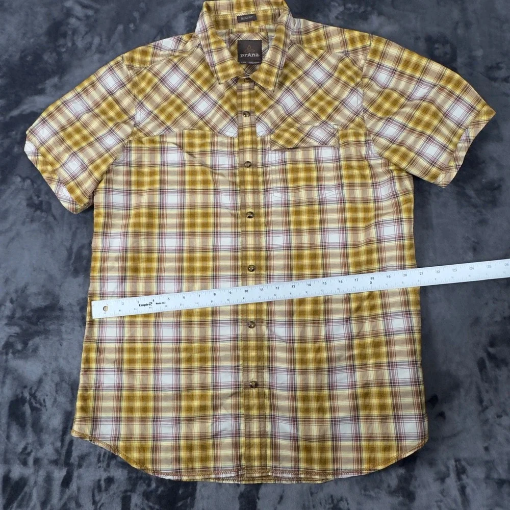 Prana Button Down Shirt Mens‎ Large Yellow Plaid Slim Fit Recycled Polyester
